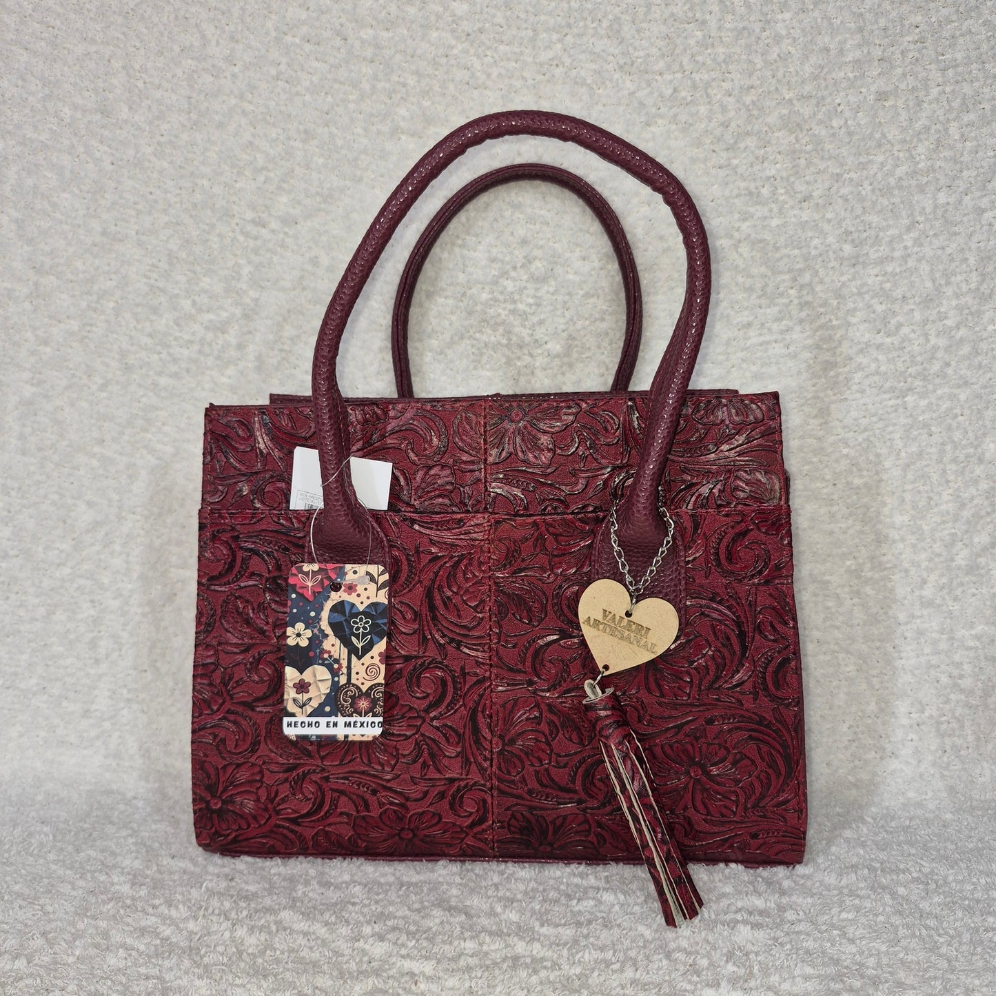 Handcrafted Mexican Burgundy Red Floral Embossed Leather Tote