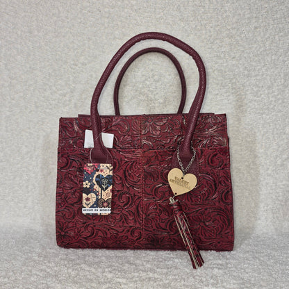 Burgundy Floral Embossed Genuine Leather Tote Bag — Hand-Tooled by Artisans in Mexico