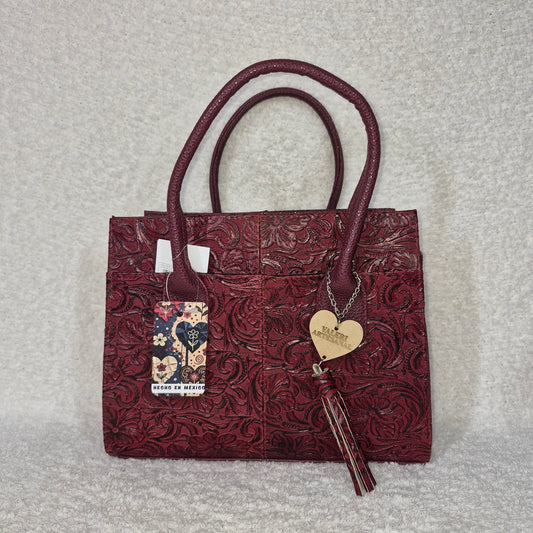 Burgundy Floral Embossed Genuine Leather Tote Bag — Hand-Tooled by Artisans in Mexico