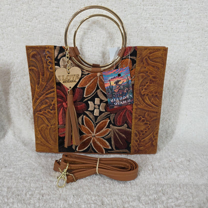 Mexican Chiapas Loom Honey Brown Tooled Leather Bag with Gold Tone Ring Handles