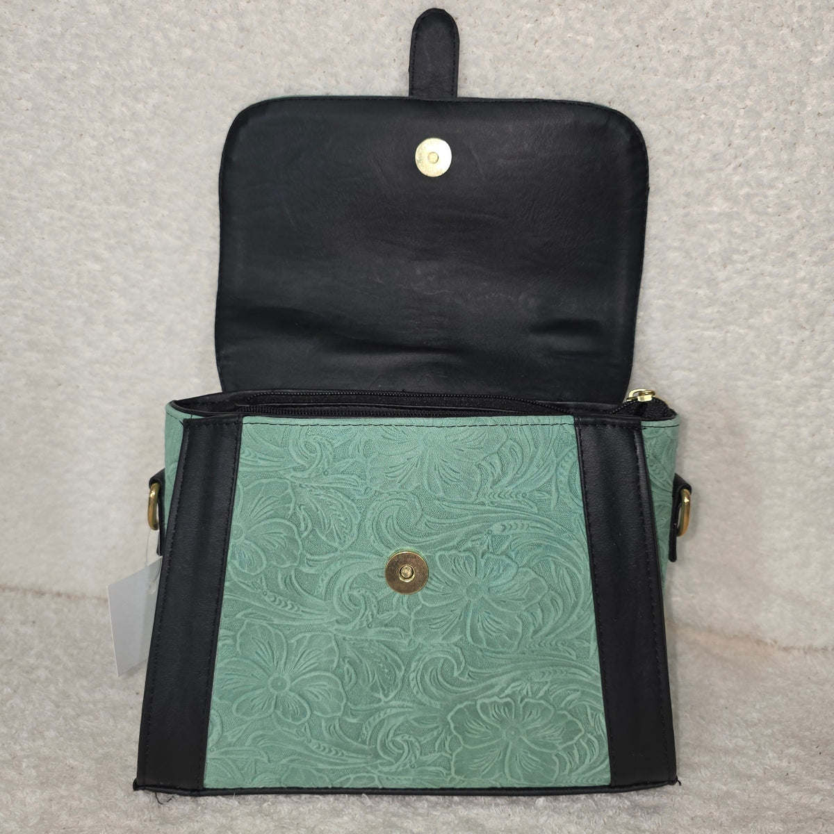 Handcrafted Mexican Floral Embossed Mint Green Genuine Leather Top-Handle Bag