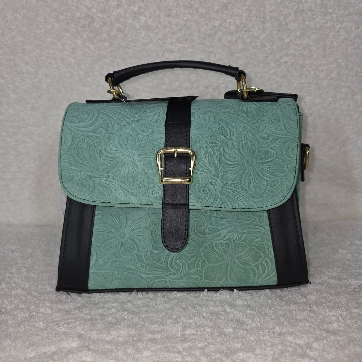 Mint Green Floral Embossed Genuine Leather Top-Handle Bag — Handmade in León, Guanajuato, Mexico