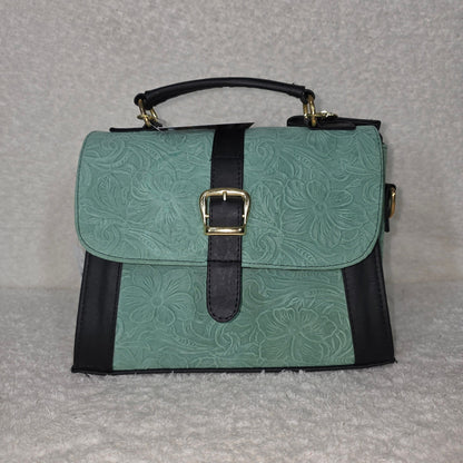 Mint Green Floral Embossed Genuine Leather Top-Handle Bag — Handmade in León, Guanajuato, Mexico