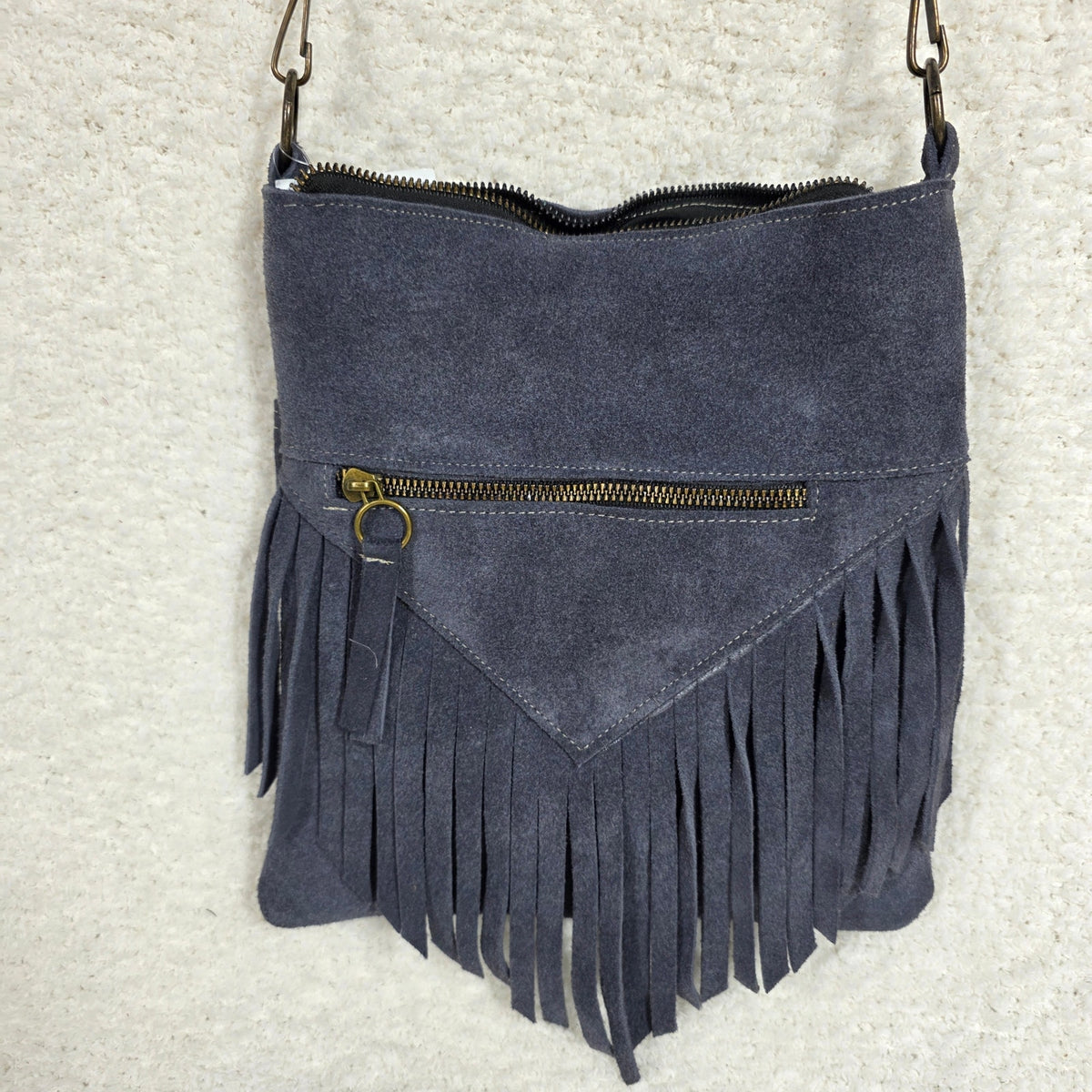Denim Blue Boho Fringe Crossbody Bag — Suede Leather Handcrafted in Mexico