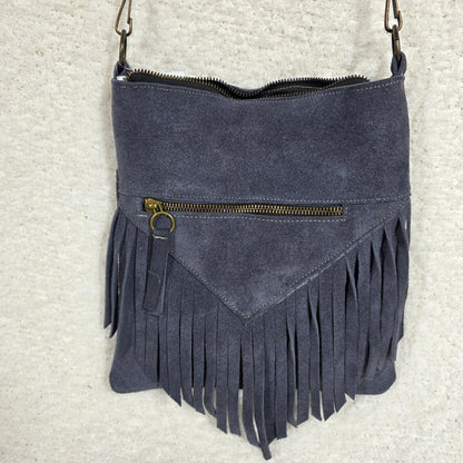 Denim Blue Boho Fringe Crossbody Bag — Suede Leather Handcrafted in Mexico