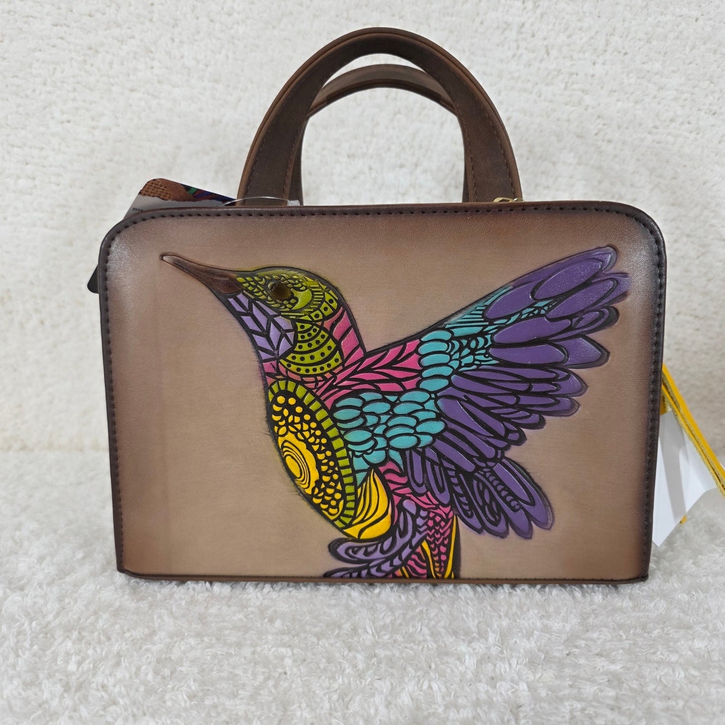 Light Brown Colorful Colibrí Embossed & Hand Painted Mexican Vegan Leather Crossbody Handbag