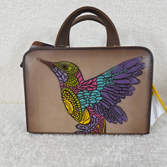 Colorful Colibrí Embossed & Hand Painted Mexican Vegan Leather Crossbody Handbag