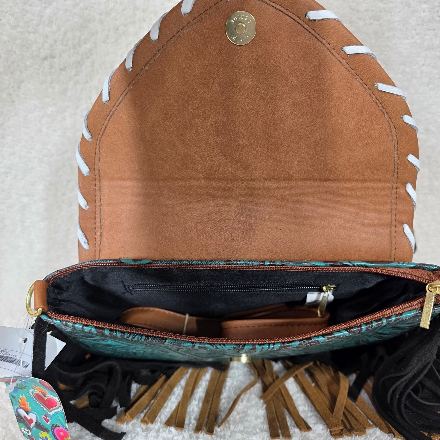 Mexican Green Floral Embossed Leather & Patchwork Cowhide Fringe Crossbody Bag