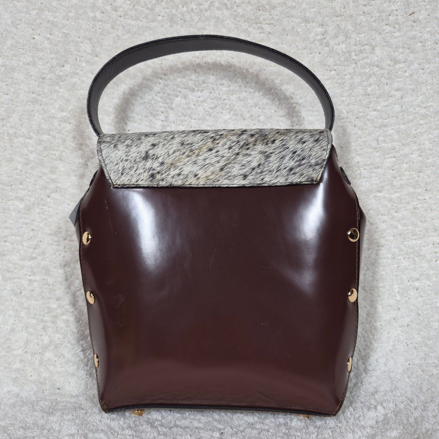 Handcrafted Mexican Brown Leather Handbag with Cowhide Hair-On Flap & Gold-Tone Hardware