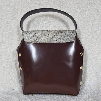 Handcrafted Mexican Chocolate Brown Leather Handbag with Cowhide Hair-On Flap & Gold-Tone Hardware