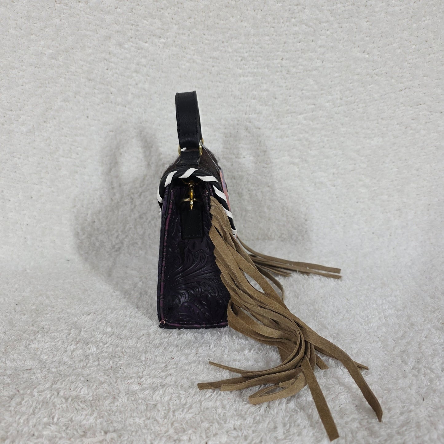 Handcrafted Purple Embossed Vegan Leather & Cowhide Hair-On Fringe Top Handle Bag