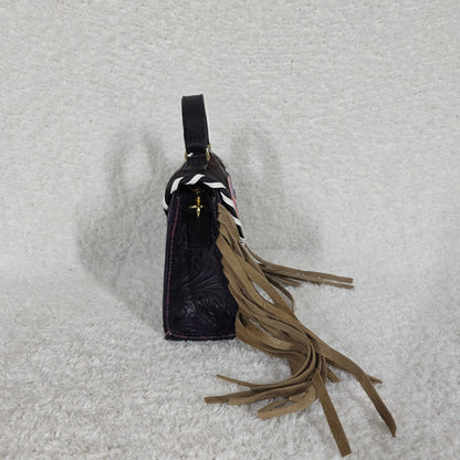 Dark Plum Embossed Vegan Leather & Cowhide Hair-On Fringe Top Handle Bag | Handmade in Mexico
