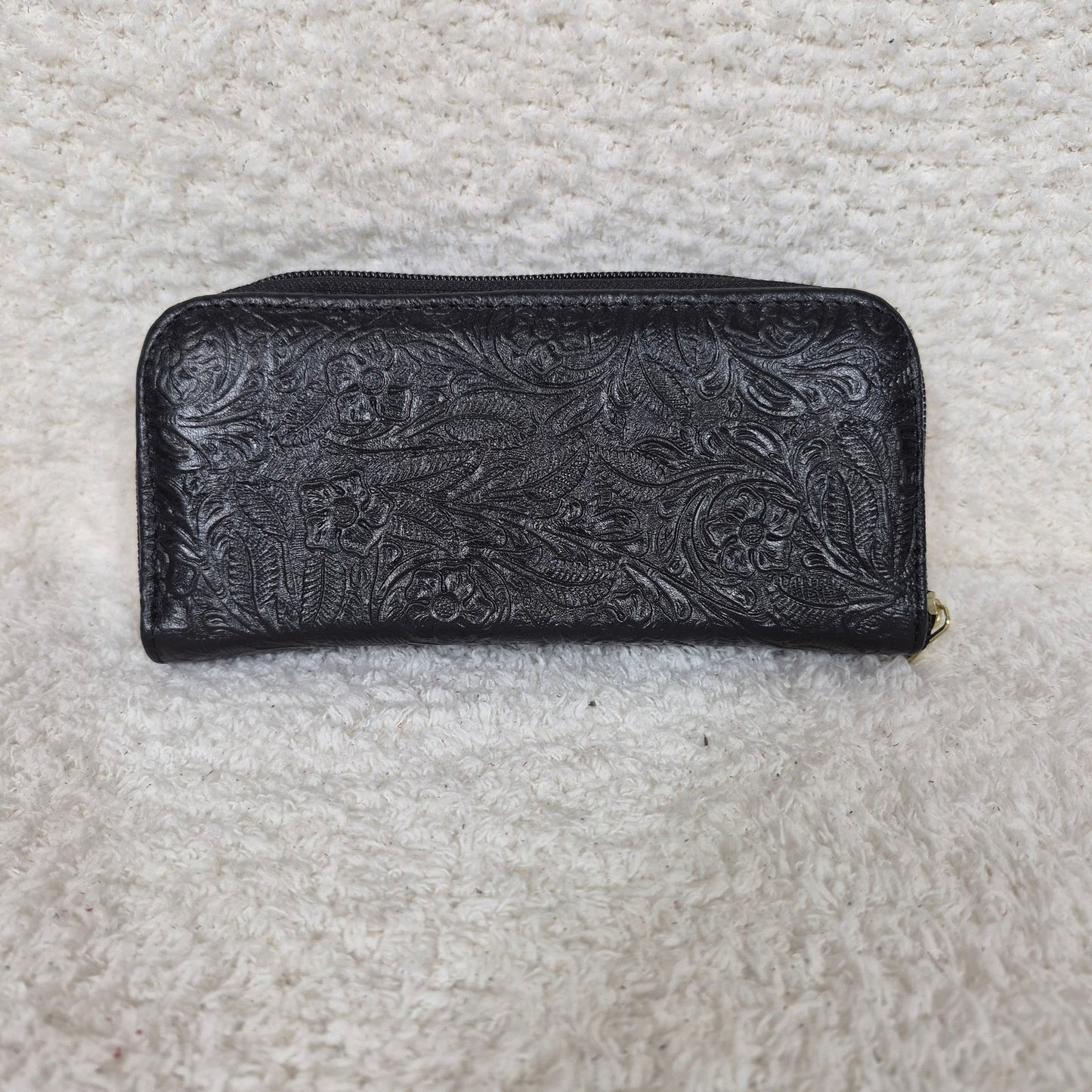 Black Floral Embossed Leather Flap Closure Wallet
