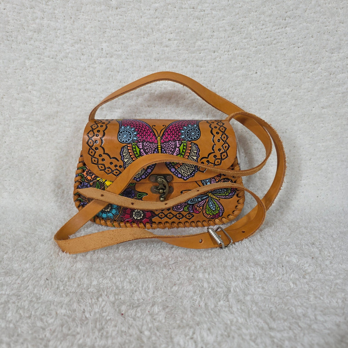 Mexican Hand-Tooled Leather Flowers & Butterflies Honey Brown Crossbody Bag