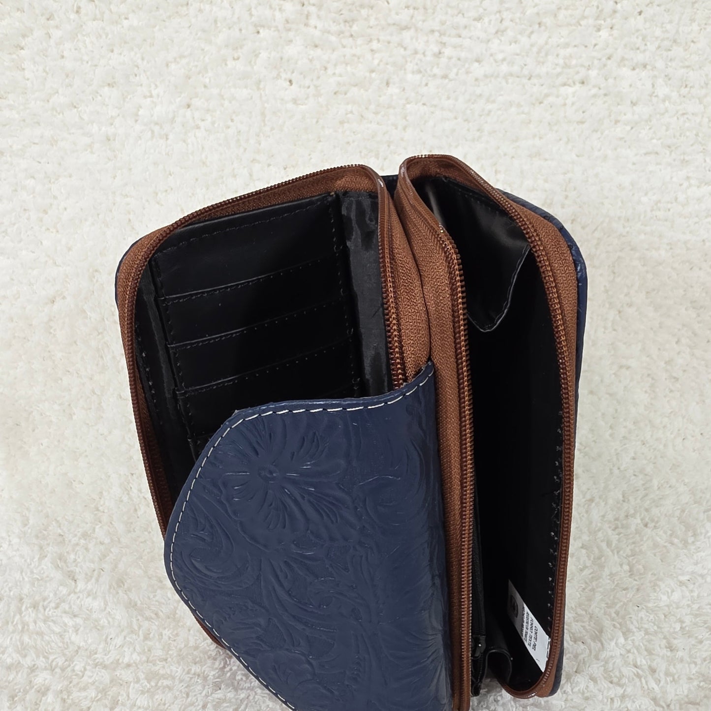 Navy Blue Floral Embossed Leather Flap Closure Wallet