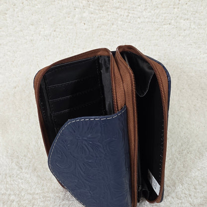 Navy Blue Floral Embossed Leather Flap Closure Wallet