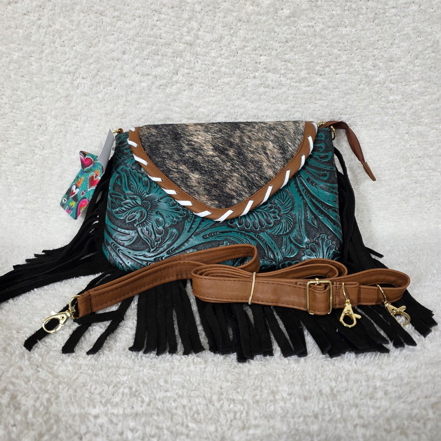 Mexican Green Floral Embossed Leather & Patchwork Cowhide Fringe Crossbody Bag