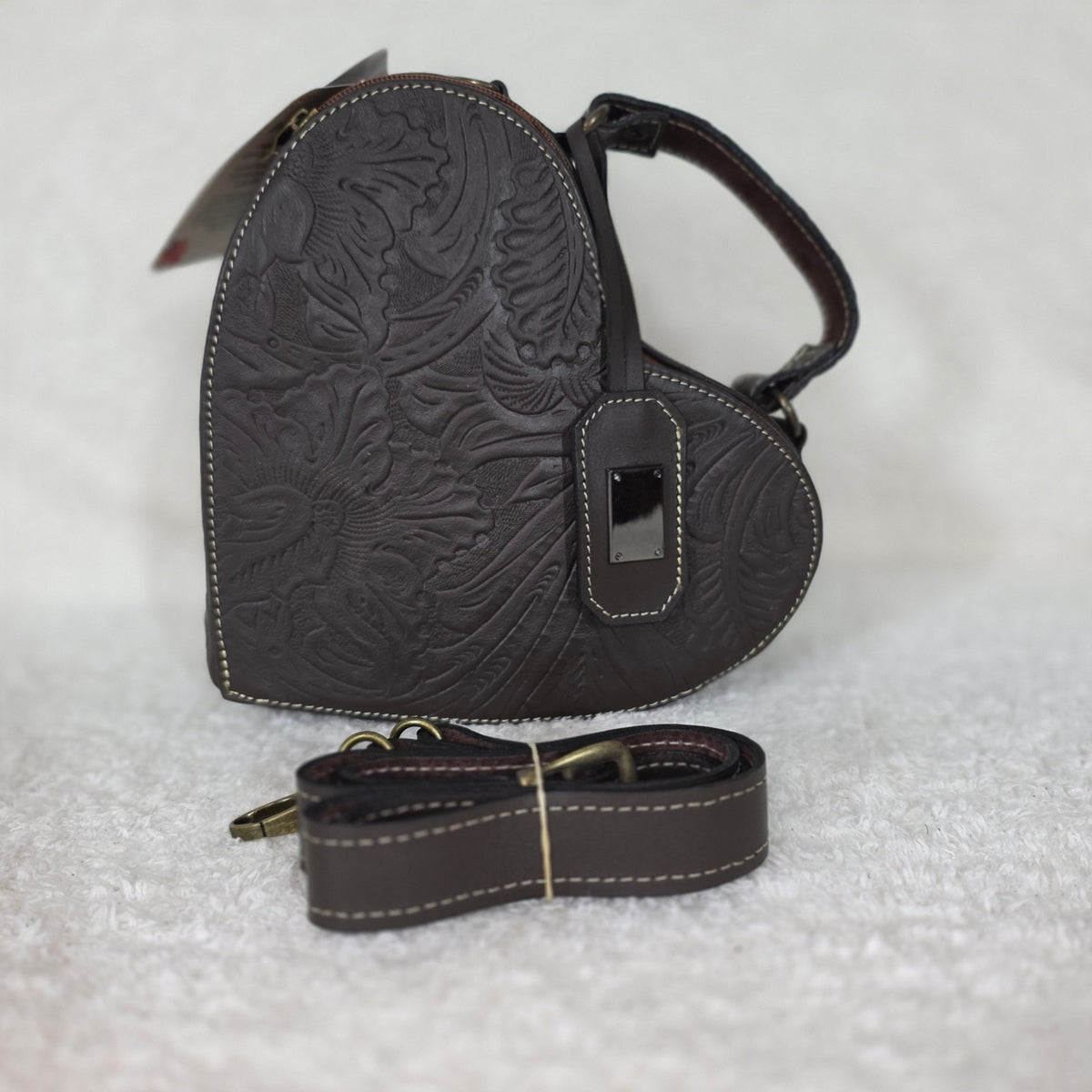 Handcrafted Mexican Tooled Brown Leather Heart-Shaped Crossbody Bag