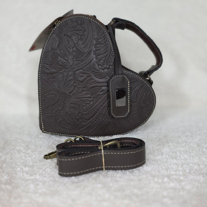 Handcrafted Mexican Tooled Brown Leather Heart-Shaped Crossbody Bag