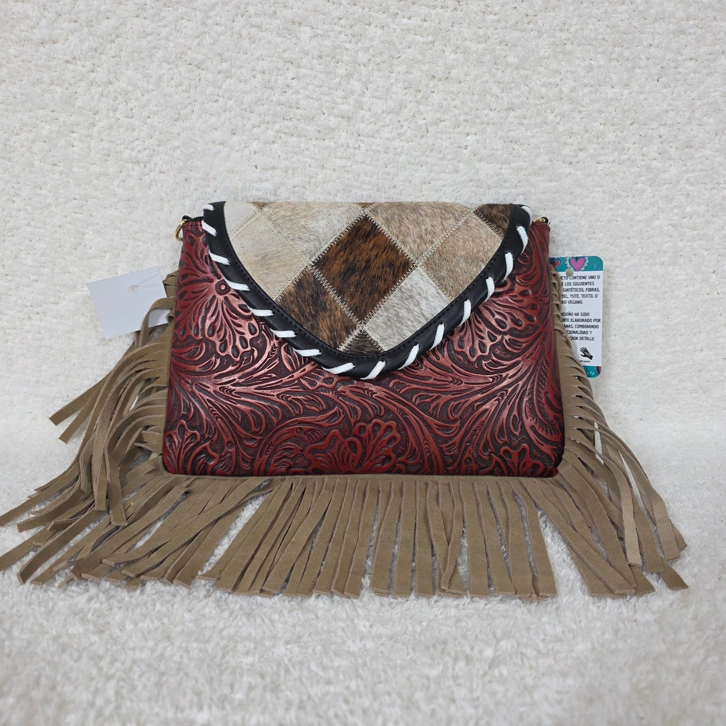 Mexican Terracotta Red Floral Embossed Leather & Patchwork Cowhide Fringe Crossbody Bag