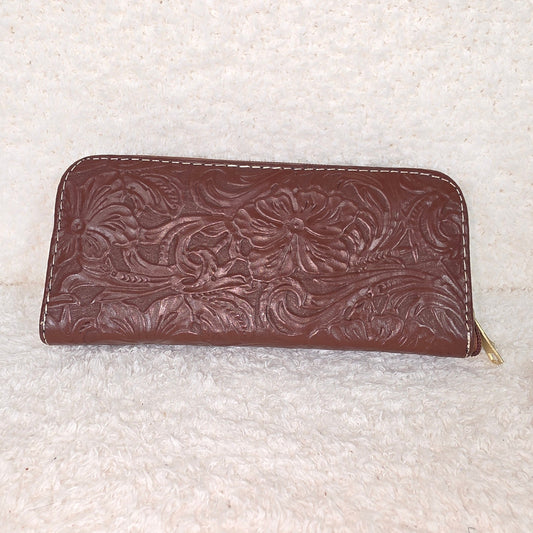 Brown Floral Embossed Genuine Leather Double Zip Wallet — Handmade in León, Guanajuato