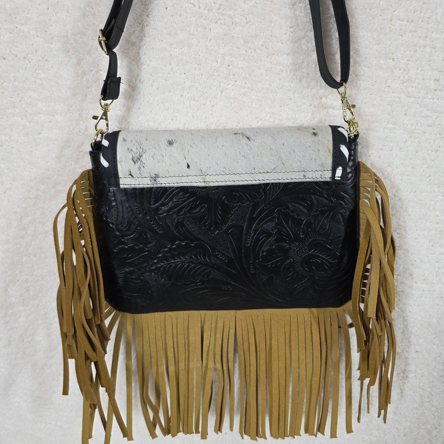 Mexican Black Embossed Tooled Leather & Cowhide Fringe Crossbody Bag