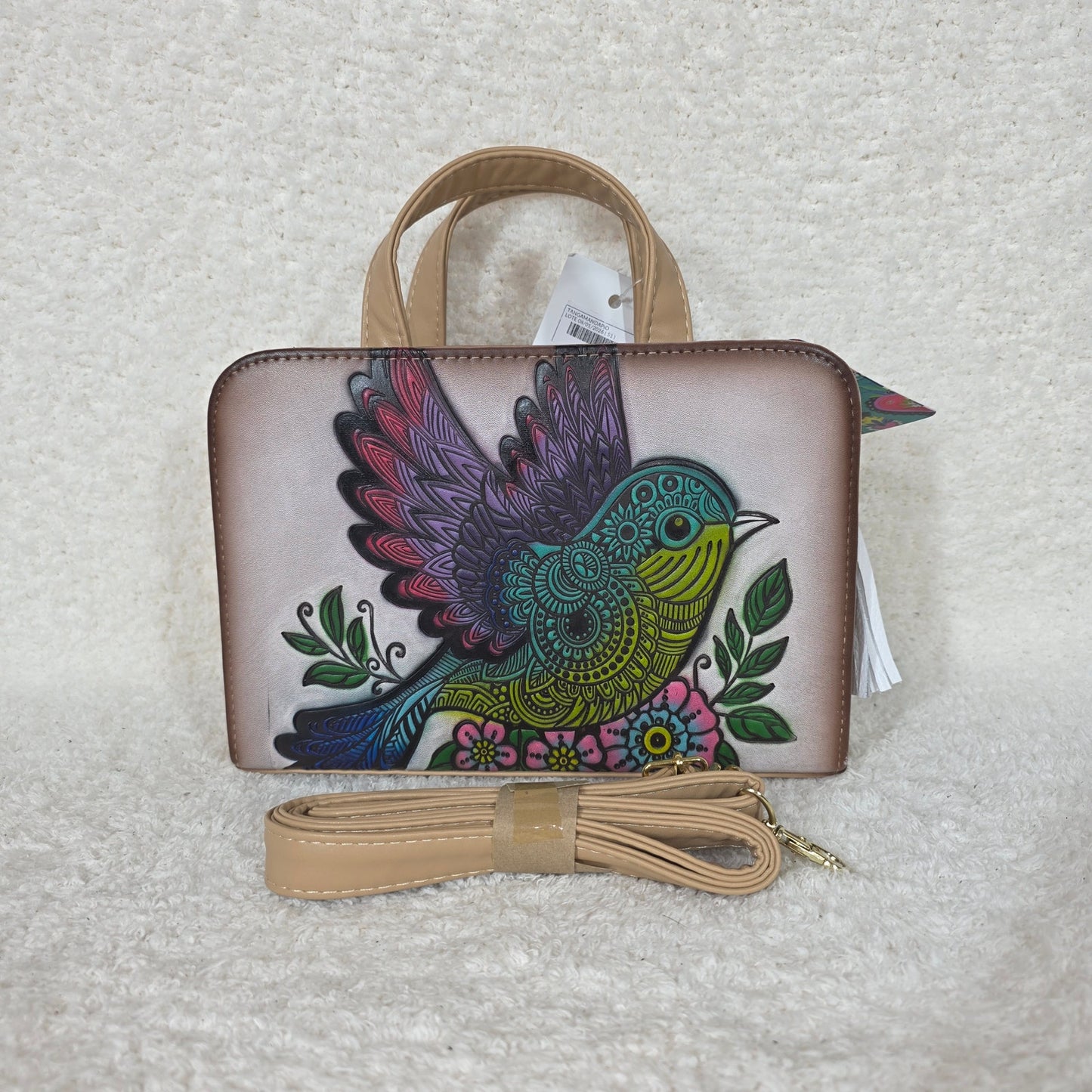 Handcrafted Mexican Colorful Bird Embossed & Hand Painted Vegan Leather Crossbody Bag