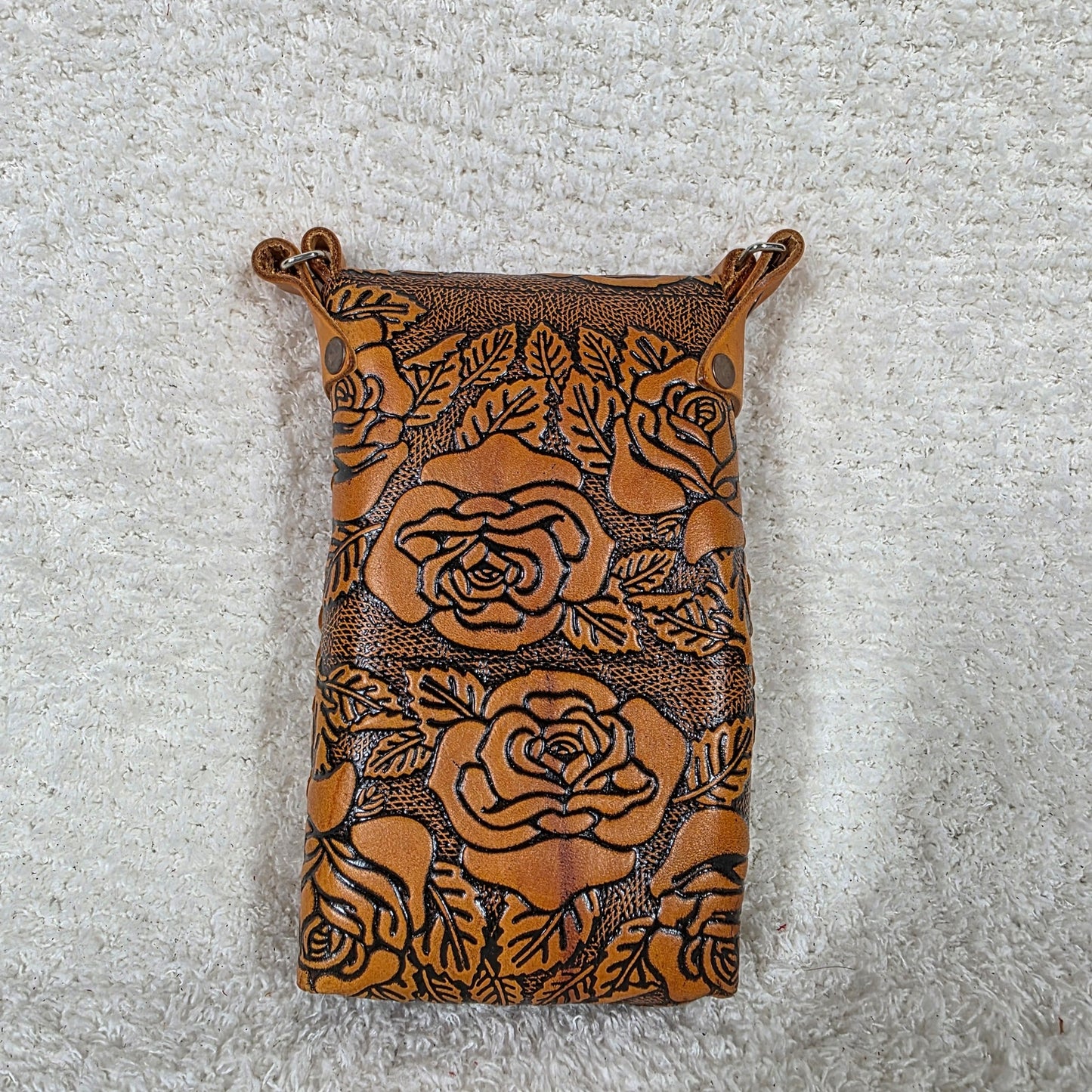 Honey Brown Roses Embossed Leather Cell Phone Bag - Handcrafted in Mexico