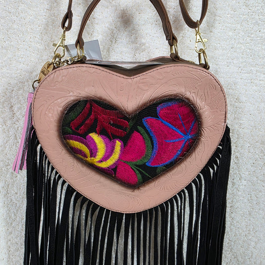 Mexican Tooled Pink Embroidered Leather Heart-Shaped with Fringe Crossbody Bag
