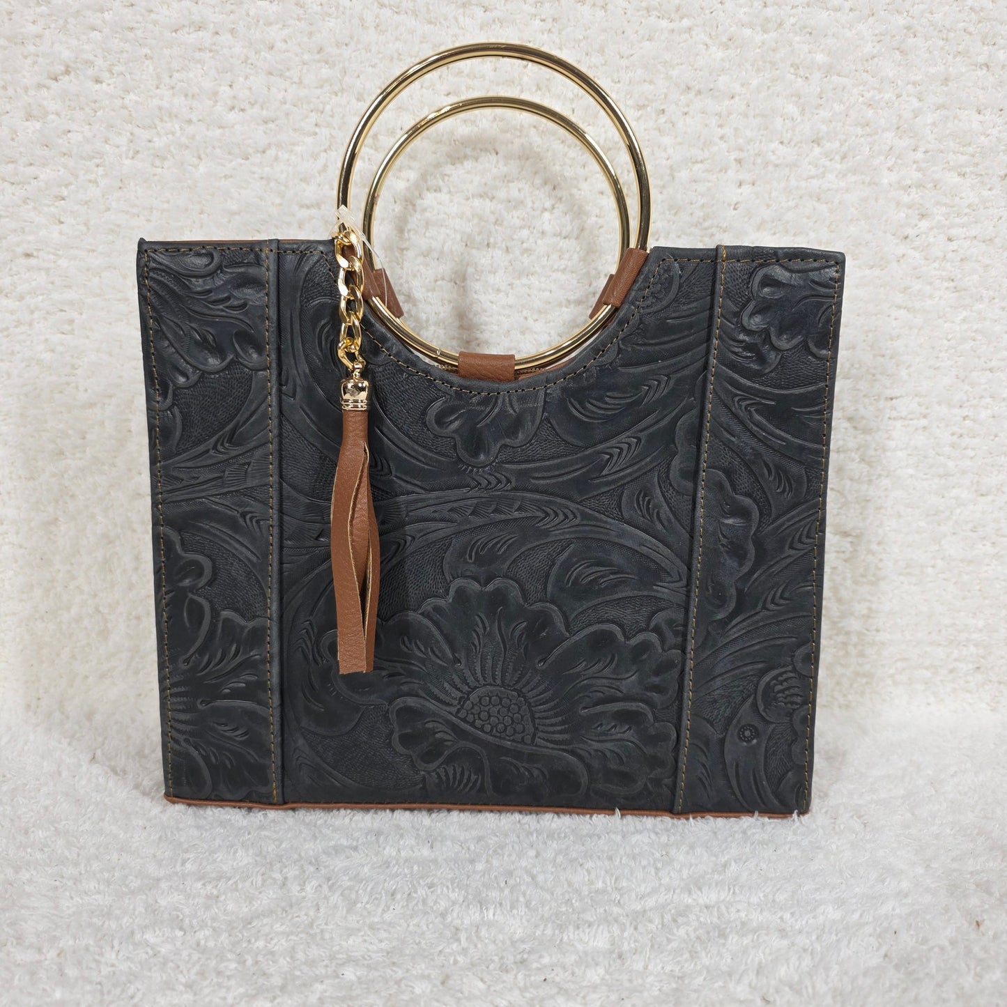 Handcrafted Mexican Ash Black Tooled Leather Handbag with Gold-Tone Ring Handles