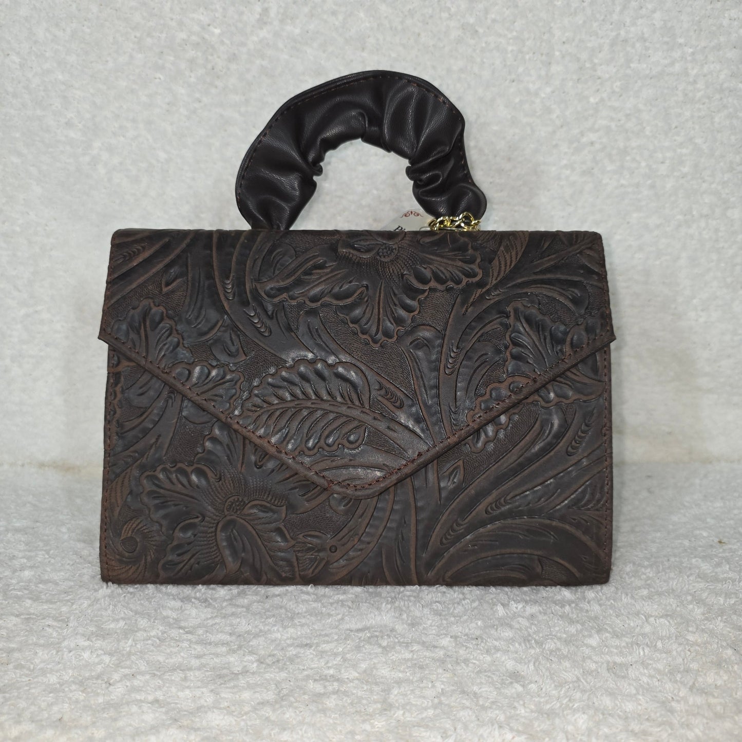 Handcrafted Mexican Floral Embossed Dark Brown Genuine Leather Top-Handle Bag