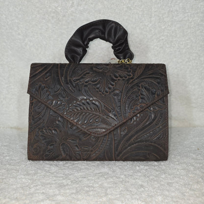 Dark Brown Floral Embossed Genuine Leather Top-Handle Bag — Handmade in León, Guanajuato, Mexico