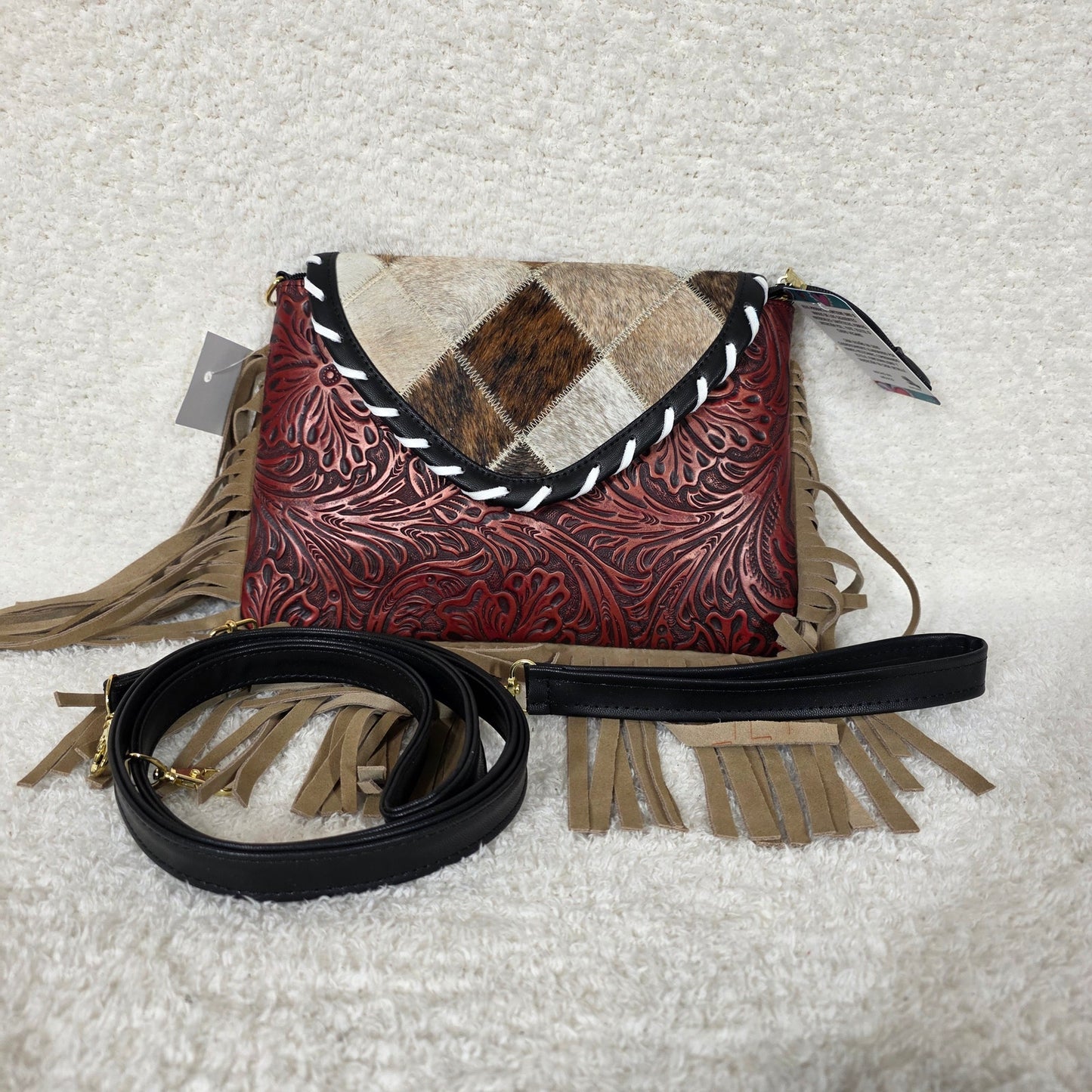 Mexican Terracotta Red Floral Embossed Leather & Patchwork Cowhide Fringe Crossbody Bag