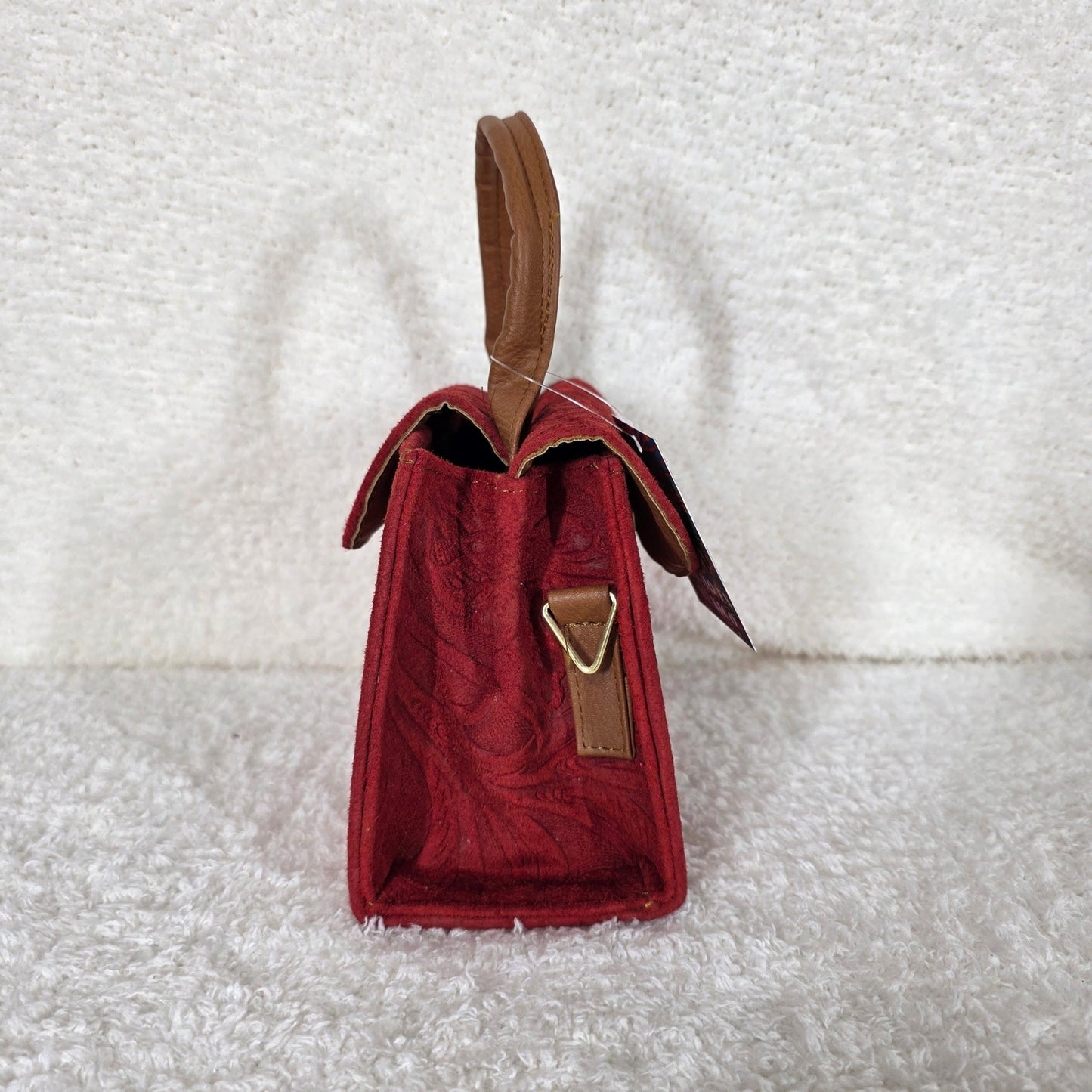 Red Floral Embossed Leather Mini Bag with Detachable Strap