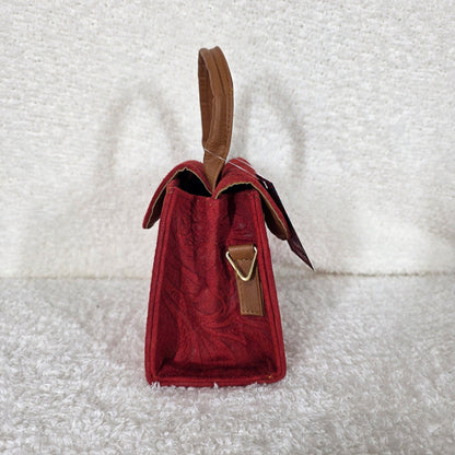 Red Floral Embossed Leather Mini Bag with Detachable Strap