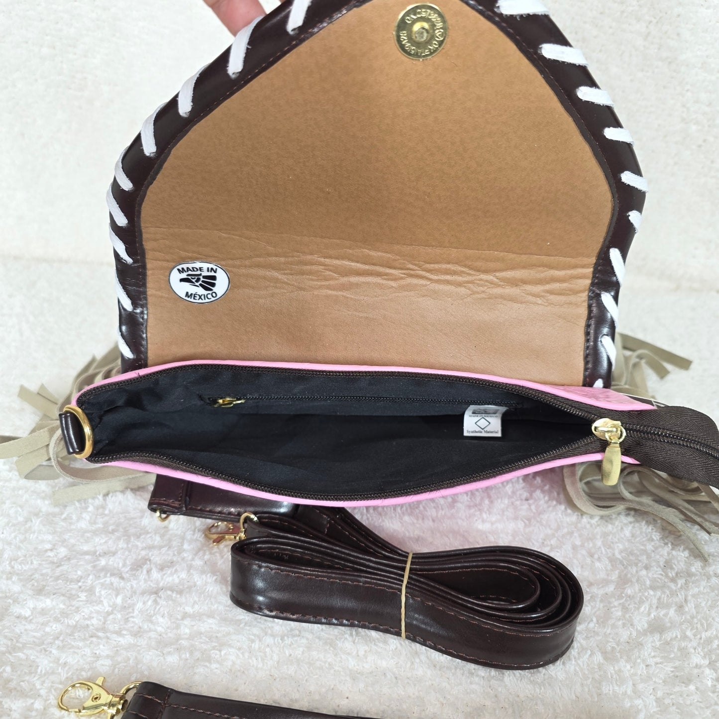 Handcrafted Pink Floral Embossed Vegan Leather & Cowhide Hair-On Fringe Crossbody Bag