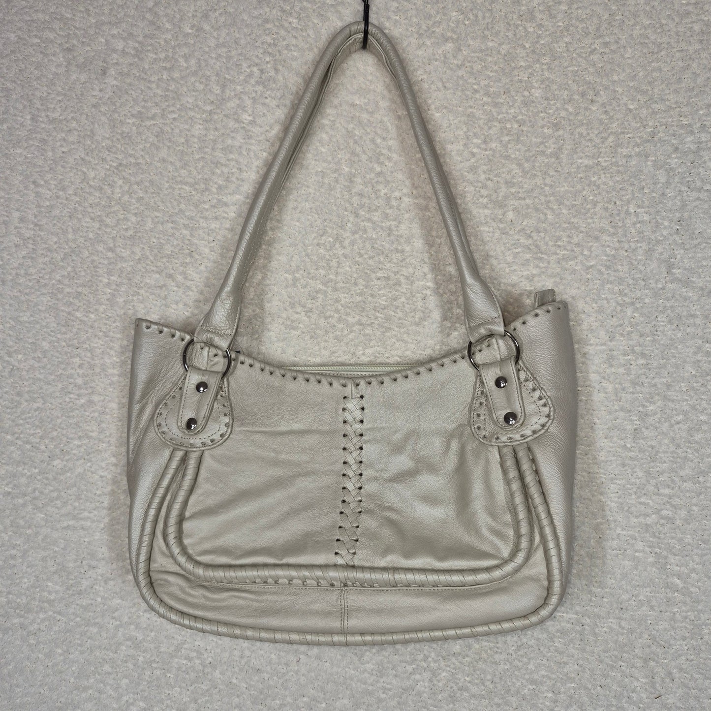 Handcrafted Mexican Pearl White Calfskin Leather Satchel Handbag with Whipstitch Detail