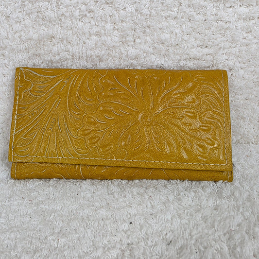 Mustard Yellow Floral Embossed Genuine Leather Tri-fold Wallet — Handmade in León, Guanajuato