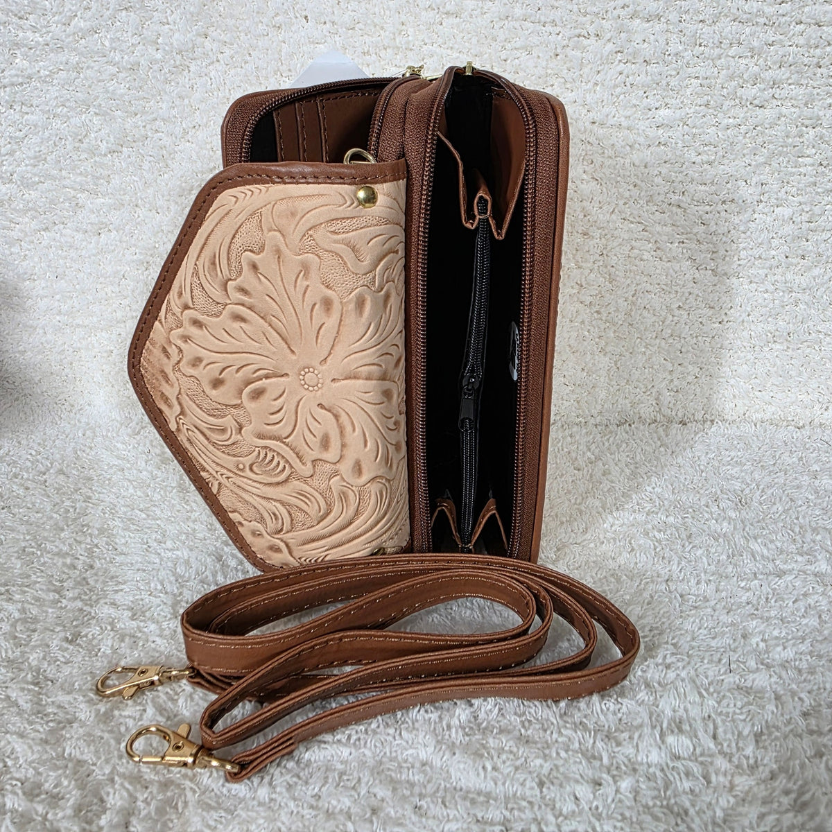 Light Peach Floral Embossed Leather Convertible Wallet Crossbody with Brown Trim