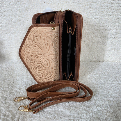 Light Peach Floral Embossed Leather Convertible Wallet Crossbody with Brown Trim
