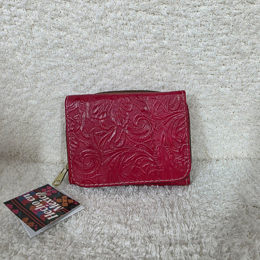 Vibrant Red Floral Embossed Leather Tri-fold Wallet