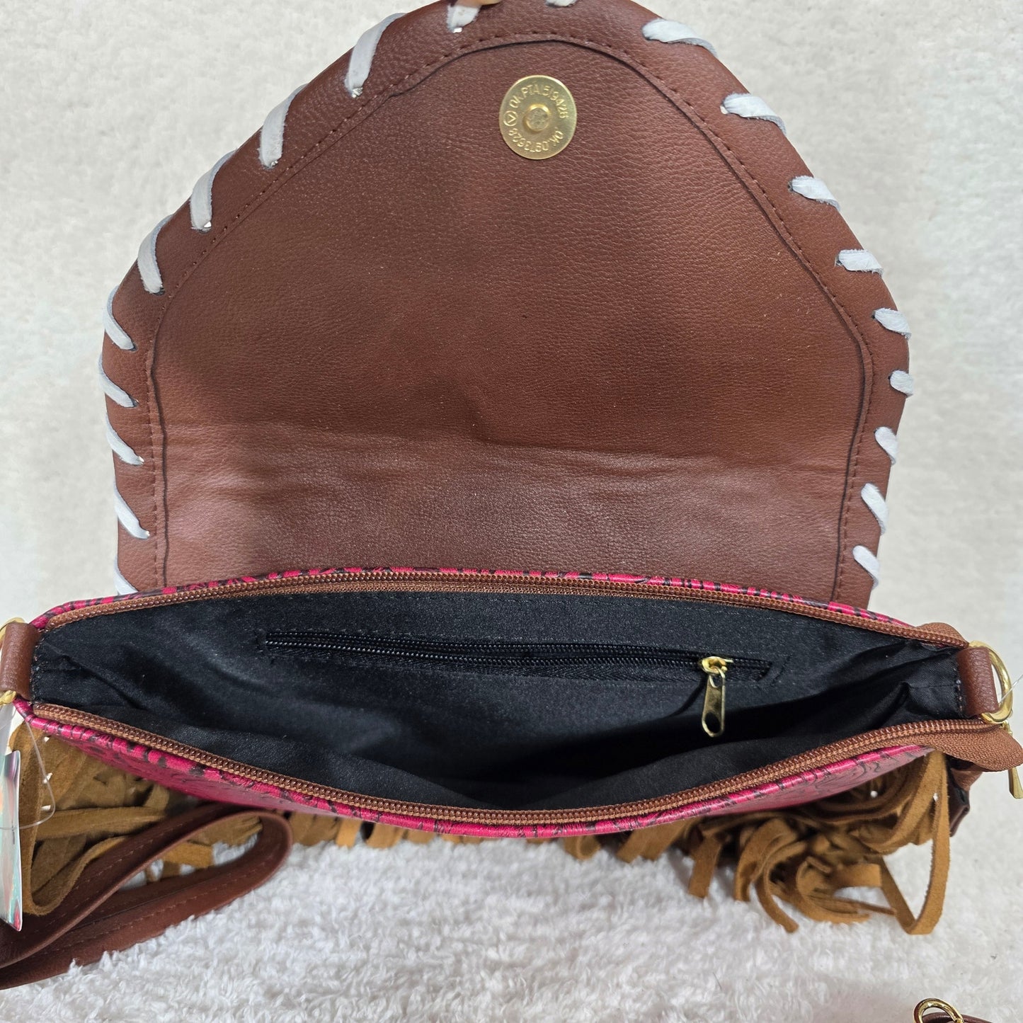 Mexican Red Floral Embossed Leather & Patchwork Cowhide Fringe Crossbody Bag