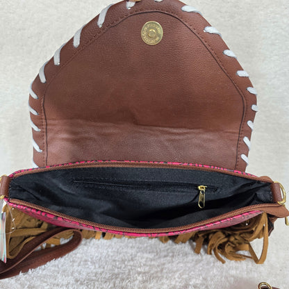 Mexican Red Floral Embossed Leather & Patchwork Cowhide Fringe Crossbody Bag