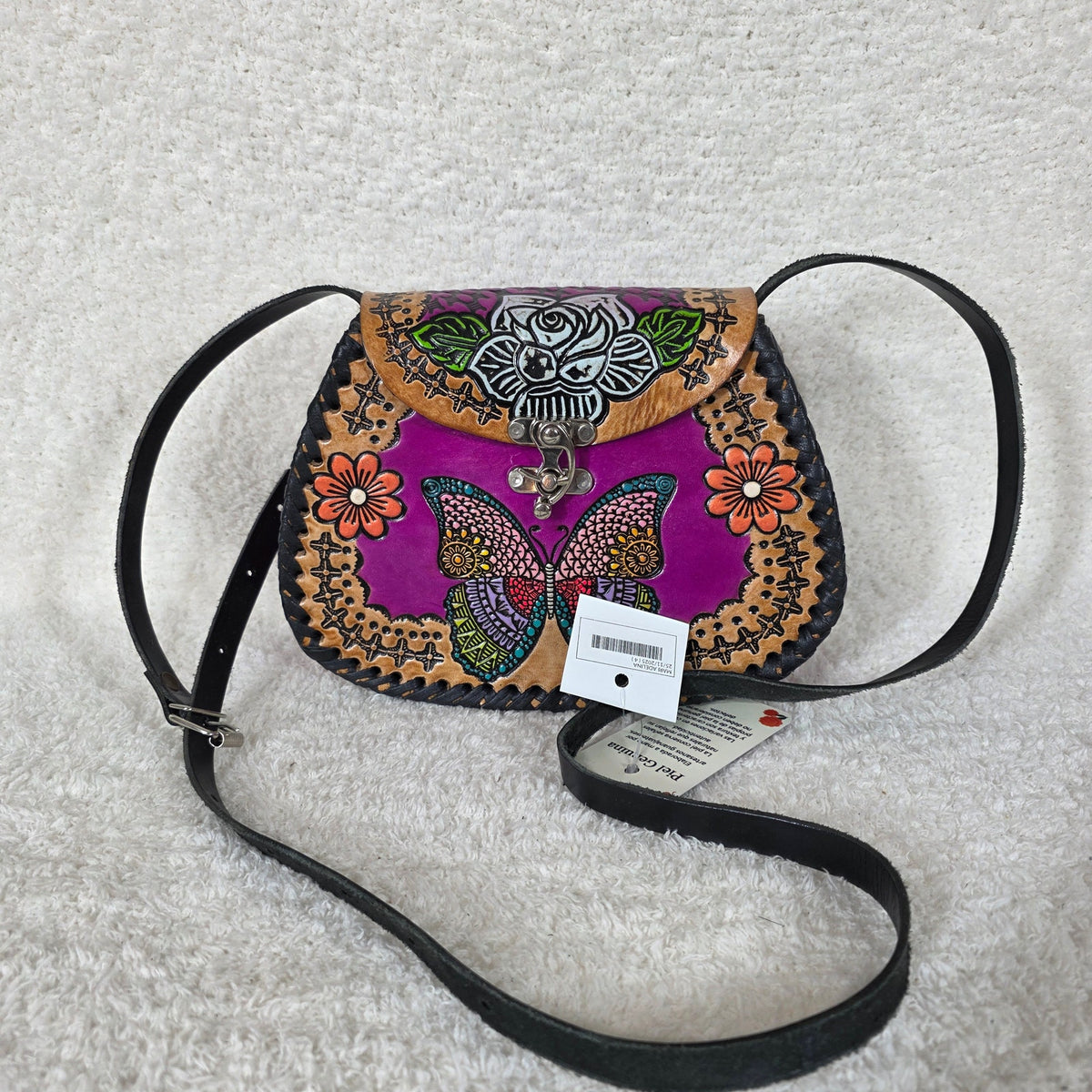 Mexican Hand-Tooled Leather Rose & Butterfly Purple Crossbody Bag