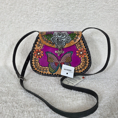 Mexican Hand-Tooled Leather Rose & Butterfly Purple Crossbody Bag