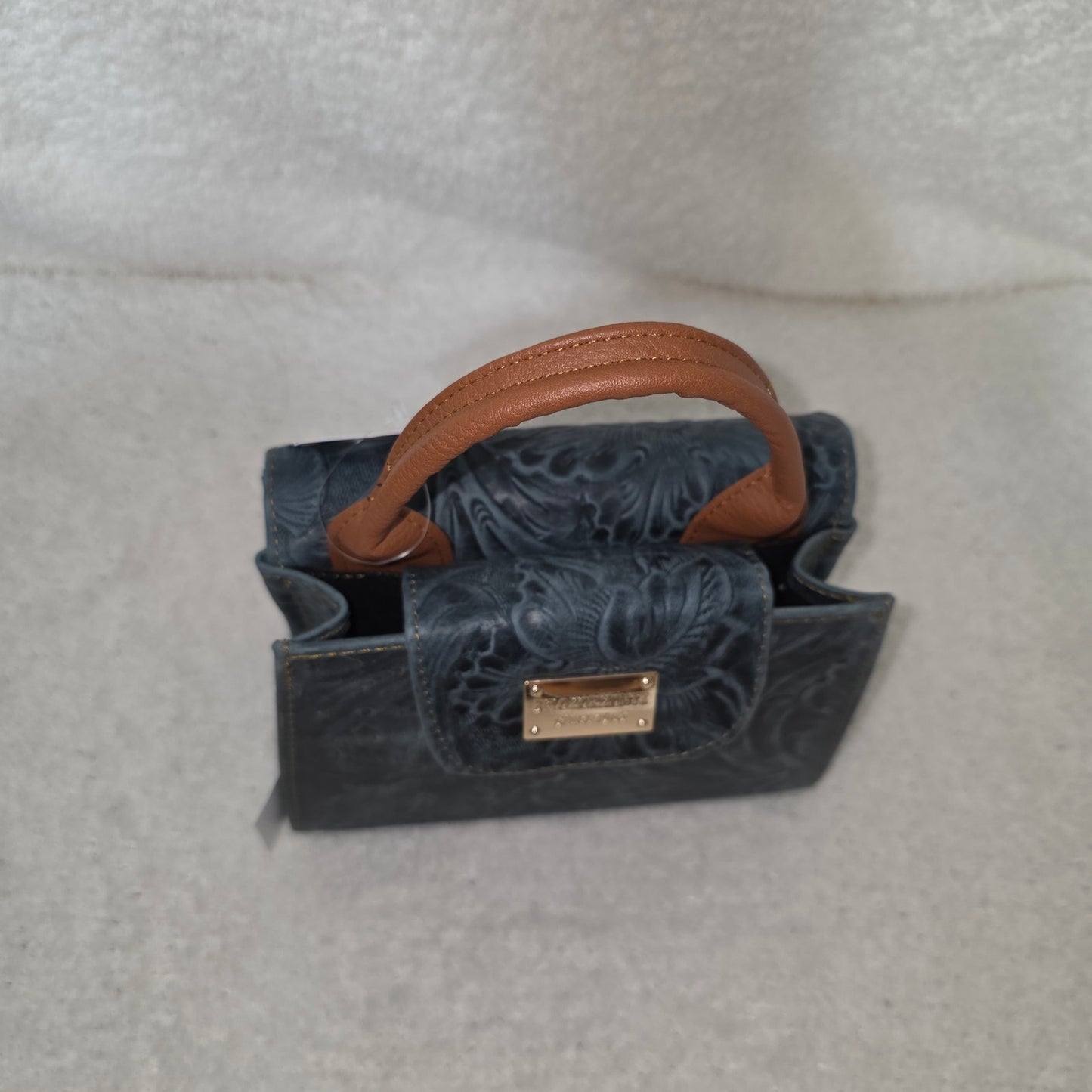 Teal Green Floral Embossed Leather Mini Bag with Detachable Strap