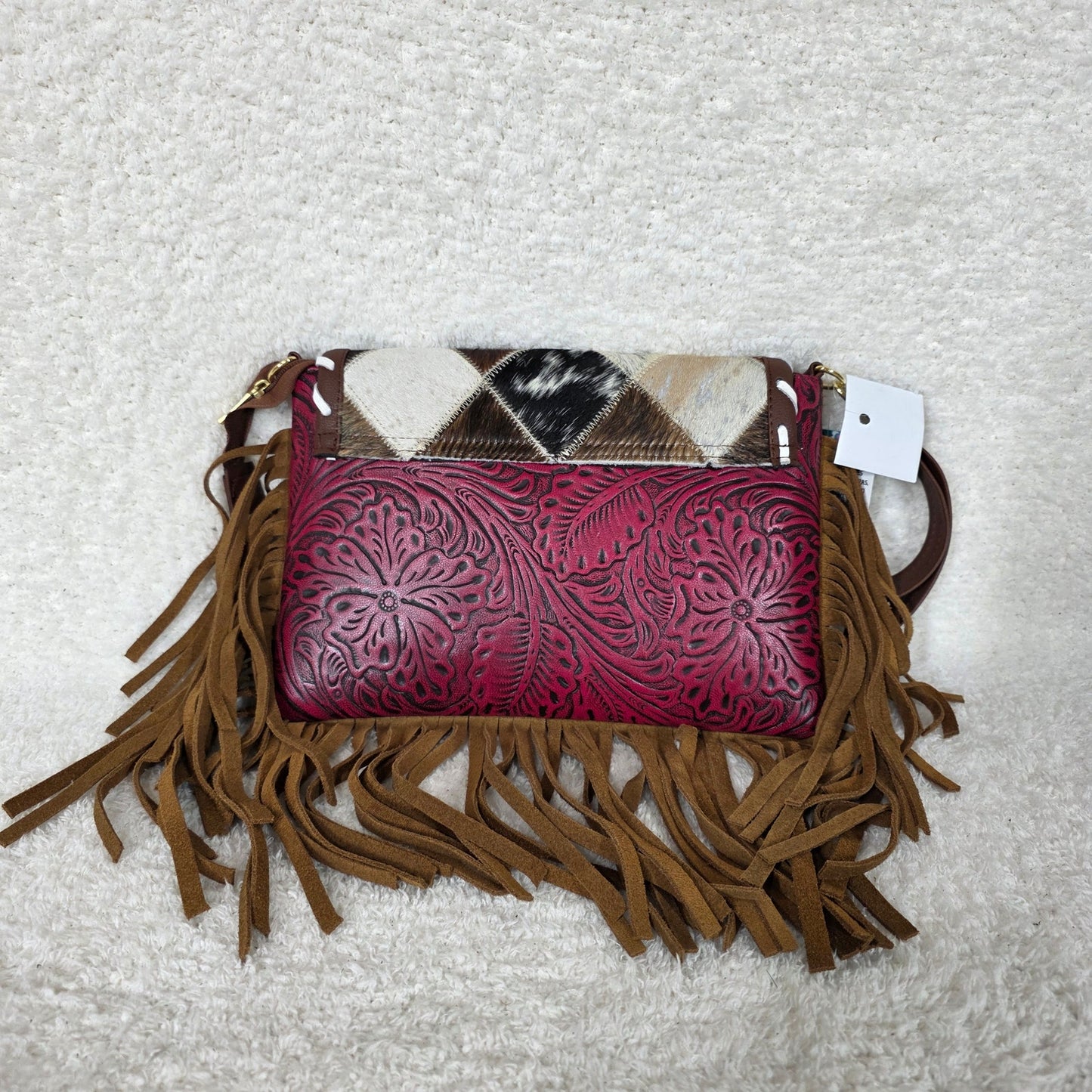 Mexican Red Floral Embossed Leather & Patchwork Cowhide Fringe Crossbody Bag