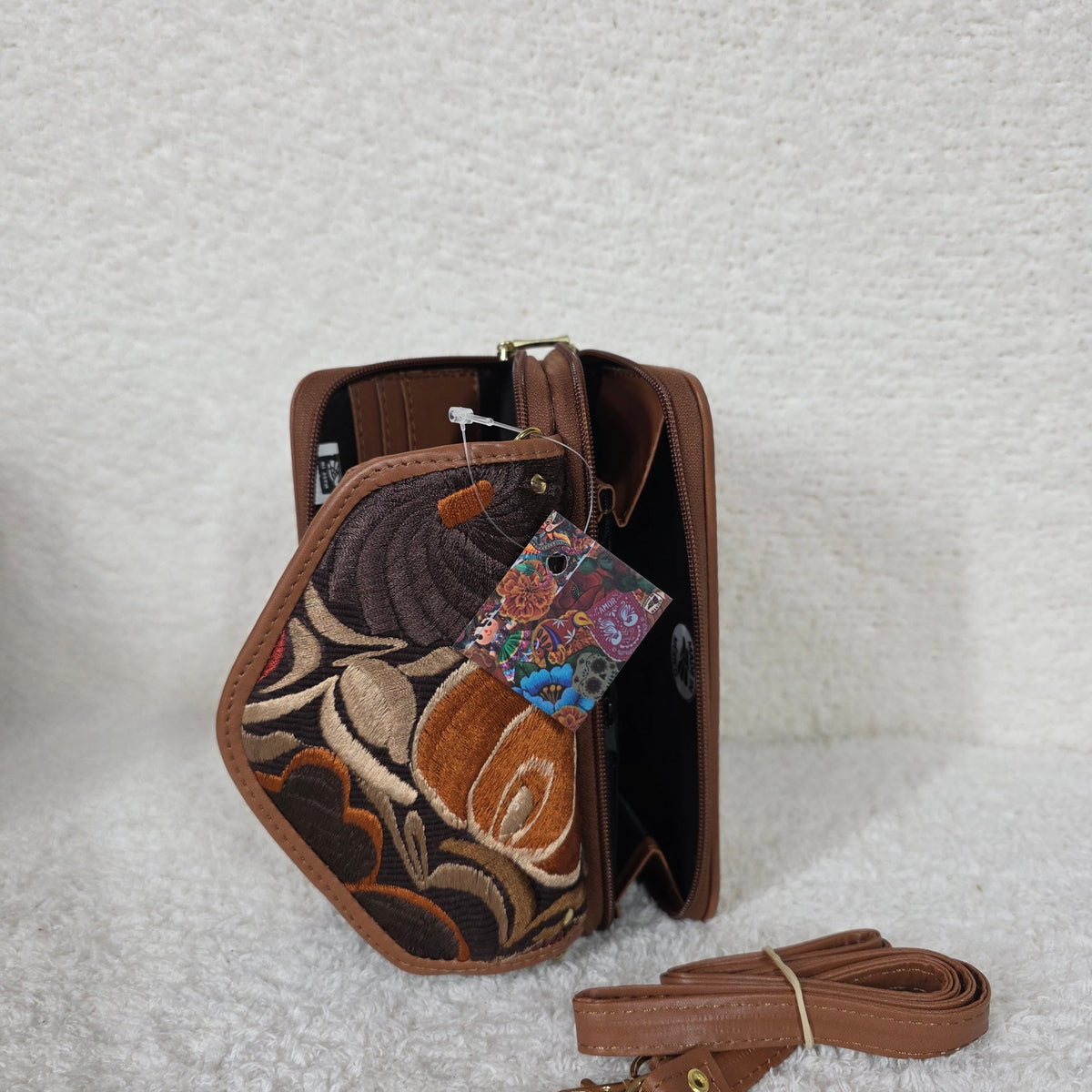 Brown Chiapas Loom & Floral Embossed Leather Convertible Wallet Crossbody with Brown Trim