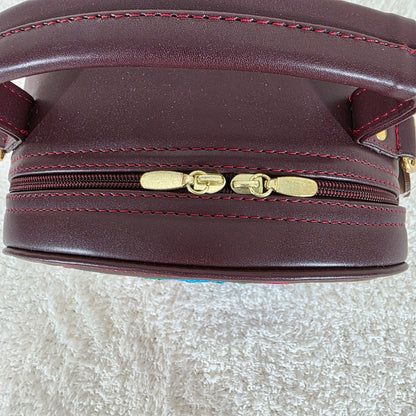 Chiapas Loom Embroidered Burgundy Round Vegan Leather Crossbody Handbag