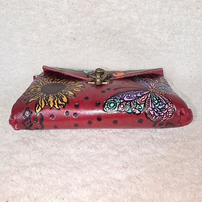 Mexican Hand-Tooled Leather Butterflies & Flowers Red Clutch Wristlet Bag